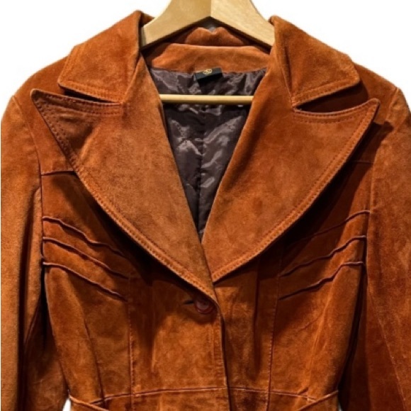 Vintage Suede Leather Jacket Burnt Orange Belted Suede Coat Size Medium 13/14 - Picture 12 of 17